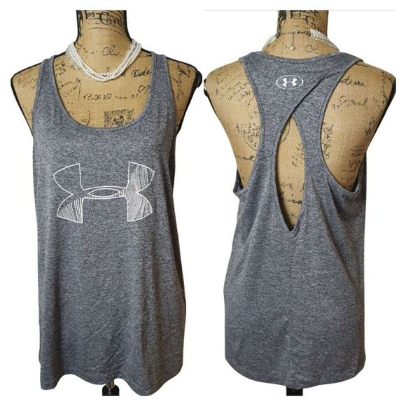 Under Armour Womens Racerback Tank LG Gray Heathered HeatGear Keyhole Loose Fit - Picture 1 of 7